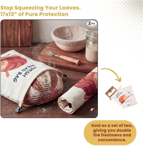 2 Pack, 17"x13" Extra Large Reusable Bread Bags for Homemade Bread - Washable & Freezer Safe Sourdough Storage, Double