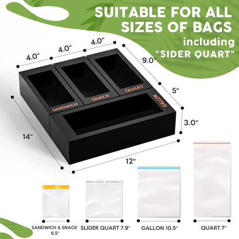 DALSHABET Bamboo Storage Bag Organizer for Kitchen Drawer, 4 Separate Food Storage Bag Organizer, 12x14 Baggie