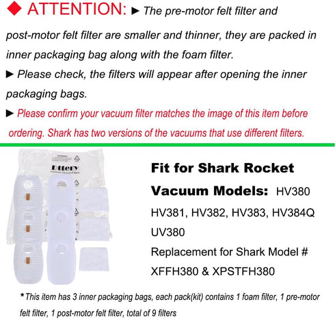 Dttery 3 Pack Filter Kit for Shark Rocket DuoClean HV380 Series, 6 Pre-Filters (3 Foam + 3 Felt) and 3 Post-Filters