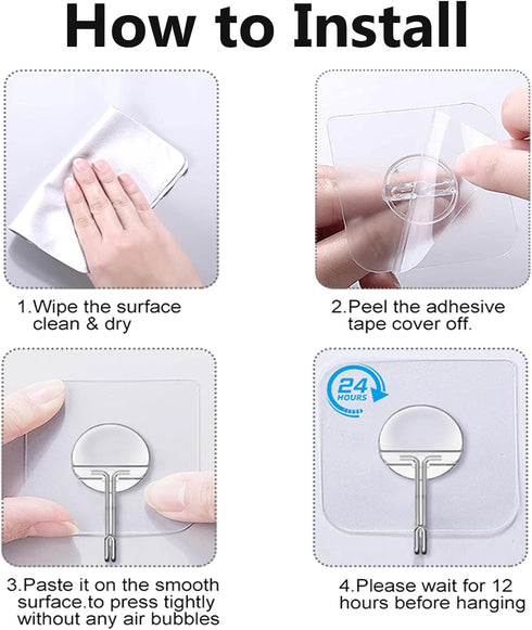 Adhesive Wall Hooks for Hanging - Heavy Duty Waterproof Transparent Hook, 8 Pack
