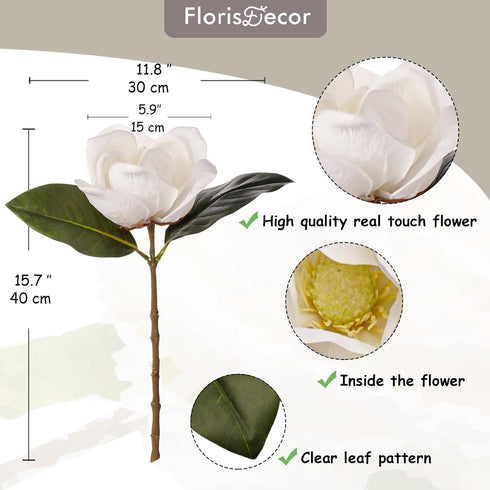 FlorisDecor 6 Stems Real Touch Creamy White Magnolia Flowers for Vases, Artificial Realistic Magnolia Large Flowers