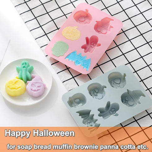 2 Pack Halloween Silicone Cake Mold, Pumpkin, Bat, Skull, Ghost Shape for Chocolate, Candy, Jello, Ice Cube, Soap