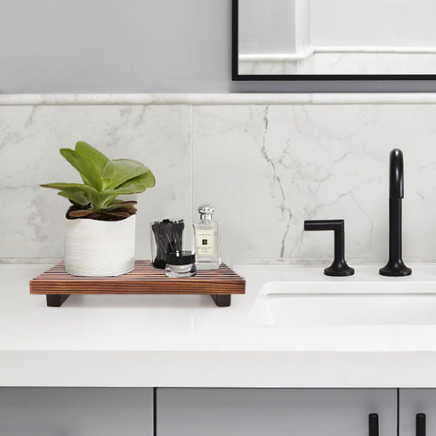 Renawe Farmhouse Wooden Bathroom Counter Tray, Decorative Pedestal Stand for Kitchen Countertop and Sink Accessories
