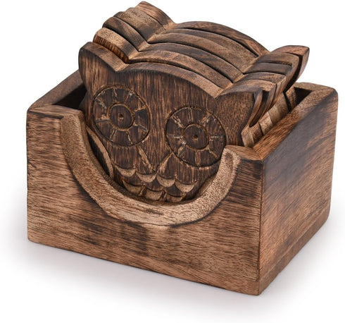 NIRMAN 6-Piece Wooden Crafted Coaster Set with Holder for Drink Bar, Tea, Coffee, and Home Decor (Owl Shape)