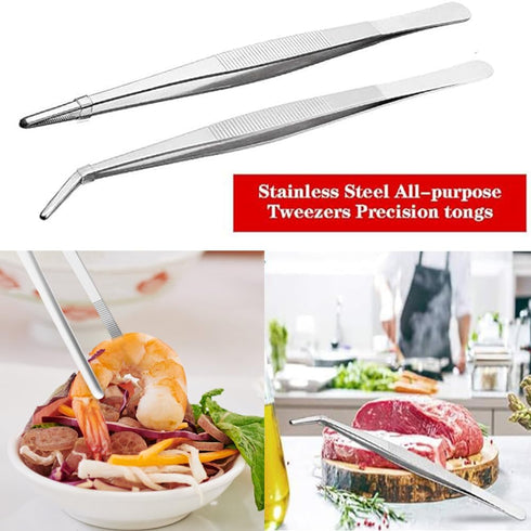 Stainless Steel Kitchen Tweezers, 8 Inch Long Heavy Duty Food Tongs with Precision Serrated Tips for Cooking