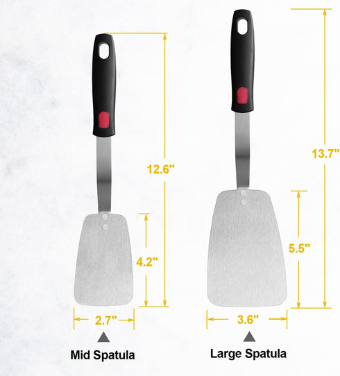 Stainless Steel Flexible Spatula Solid Turner, XiaoZu Thin Metal Spatula for Cast Iron Skillet, Thin Blade and Heat Resistant Silicone Handle, Great for Egg, Cookie, Meat, Crep, Medium + Large by XiaoZu