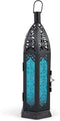 Zingz & Thingz Decorative Light Candle Lantern Holder, Moroccan Style, 13" Tall, Black with Blue Glass