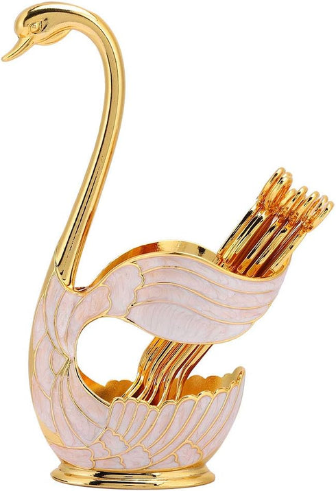 Coffee Dessert Spoon Set, 6PCS Gold Swan Base Holder, Stainless Steel Small Spoons for Ice Cream Cake Coffee