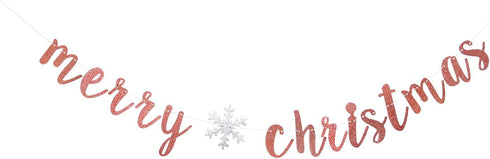 Rose Gold Glitter Merry Christmas Banner - Great for Holiday Home Mantle Fireplace Party Decorations
