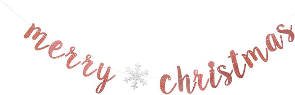 Rose Gold Glitter Merry Christmas Banner - Great for Holiday Home Mantle Fireplace Party Decorations