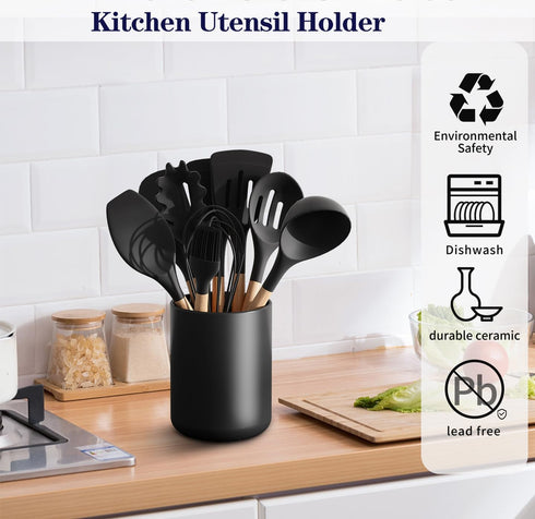Matte Black Ceramic Utensil Holder for Countertop, Easy to Clean Cooking Utensil Crock, 4.4*6.3 Inch