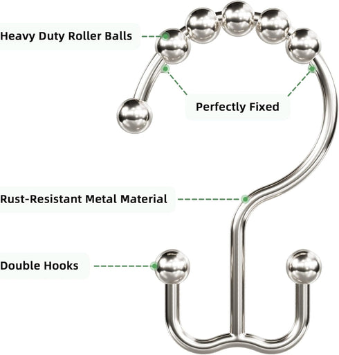 Amazer Shower Curtain Hooks, Rust-Resistant Metal Double Shower Curtain Rings, 12PCS for Bathroom Shower Curtain Rod