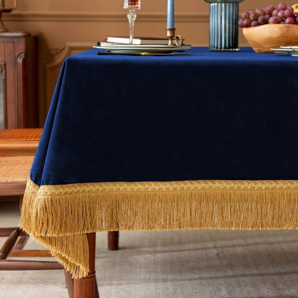 F-CHU Luxury Blue Tablecloth Thickset Velvet Tablecloth with Beautiful Gold Tassels Vintage Table