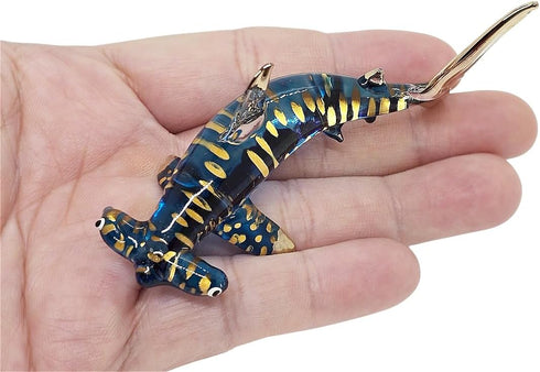Tiny 3?" Gold Dotted Blue Hammerhead Shark Figurine, Miniature Hand Blown Glass Collectible