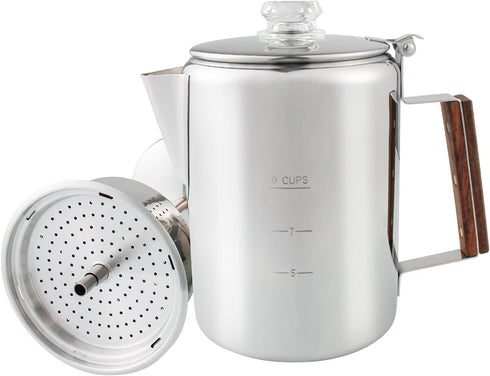 Camping Coffee Pot 9 Cups, Stainless Steel Coffee Percolator with Clear Top Glass Knob for Stovetop or Campfire Brewing