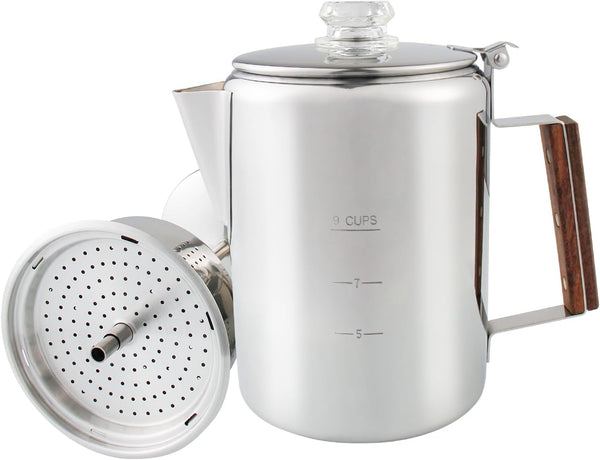 Camping Coffee Pot 9 Cups, Stainless Steel Coffee Percolator with Clear Top Glass Knob for Stovetop or Campfire Brewing