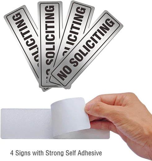 No Soliciting Sign for House Door 7.0" x 2.0" Aluminum Metal Signboard with Strong Self Adhesive (4 Pack, Silver)