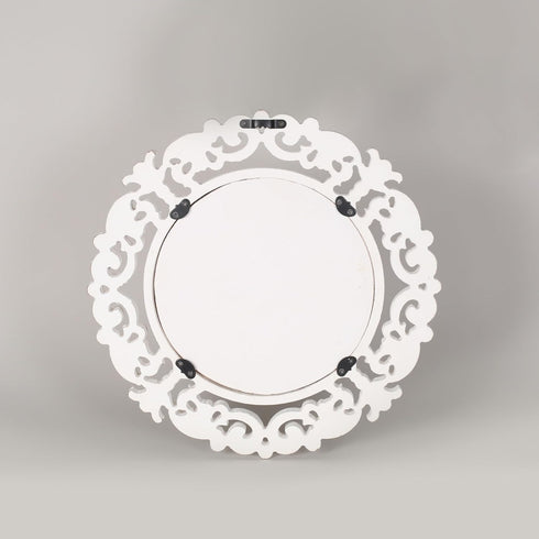 Round Wall Mirror, Hand Carved Rustic Farmhouse Accent Mirror, 14x14 Inch White Antique Entry Mirror for Bathroom