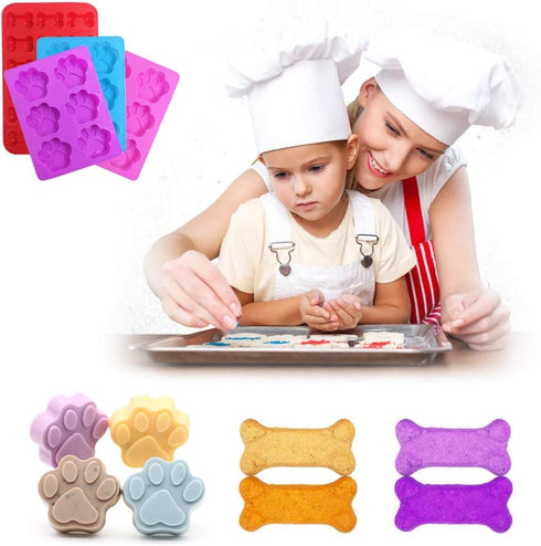 4 Pcs Silicone Candy Chocolate Molds, FineGood Puppy Dog Paw & Bone Shaped Ice Cube Trays, Red, Blue, Purple, Pink