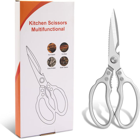 CGBE Heavy Duty Kitchen Scissors, Multi-Purpose Food Shears for Chicken, Fish, Meat & Herbs, Dishwasher Safe - Silver