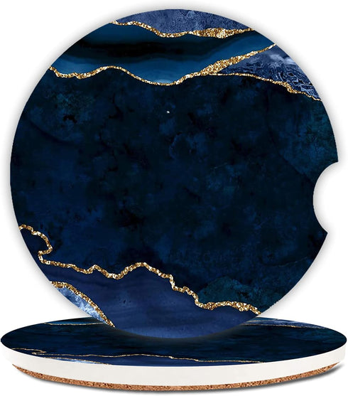 Ceramic Car Coasters for Women/Men, Absorbent Drink Cup Holders with Finger Notch, 2.56" Pack of 2, Blue Marble Gold