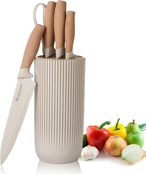 Kitchen Knife Set, Retrosohoo 6-Pieces Khaki Sharp Knife Set with Universal Knife Block
