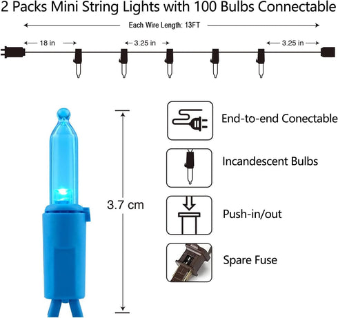 2 Pack 13ft 50 Count 120V Vigdur Outdoor String Lights on Blue Wire Cord, UL Approved for Indoor/Outdoors Use