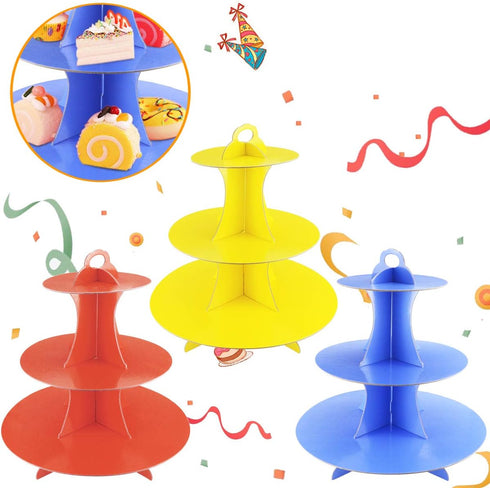 3 Pack 3-Tier Colorful Round Cardboard Cup Cake Holder Stand, Reusable Dessert Tower for Events