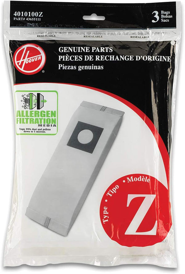 Hoover Vacuum Cleaner Bags for Upright Vacs, Pack of 3, Type Z Allergen Filtration, Part 4010100Z