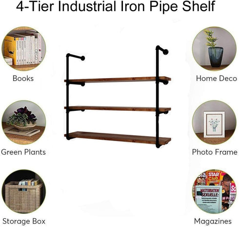 4 2 Pack 40 Inch, 3/4 MUZIK Tier Industrial Wall Mount Iron Pipe Shelf, Vintage Industrial Wall Mount Bookshelf