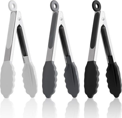 7 Inch Mini Tongs, Pack of 3 Short Silicone Tongs with Stainless Steel Tips for Cooking and Barbecue