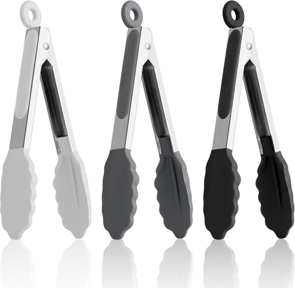 7 Inch Mini Tongs, Pack of 3 Short Silicone Tongs with Stainless Steel Tips for Cooking and Barbecue