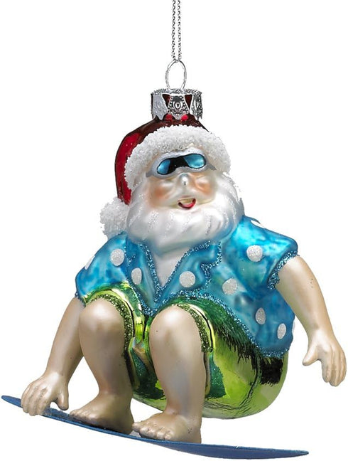 Kurt S. Adler Beach Nautical Themed Glass Ornaments, 4" Glass Beach Santa Surfing Ornament