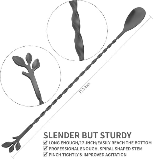 AnSaw 12-Inch Leaf Handle Bar Spoon,1-Pieces Long Handle Cocktail Mixing Stirrers,Stainless Steel,Black