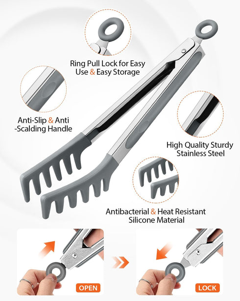3 Pack Set Silicone Spaghetti Spoon & Pasta Tong With Pasta Measurer, of Non-Stick Stainless Steel Handle Pasta Fork