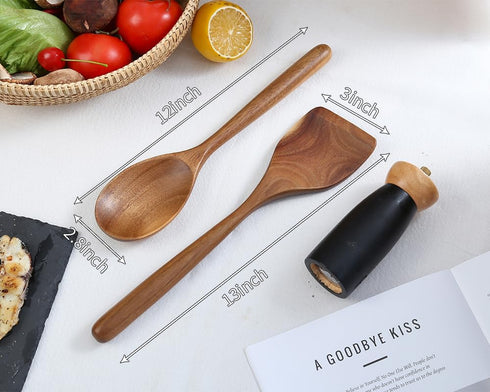 Wooden Cooking Spoon Utensils, 2pcs Set for Kitchen Cooking, Nonstick Cookware Spatulas