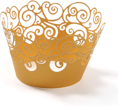 KPOSIYA Cupcake Wrappers, 100 Pack Filigree Artistic Bake Cake Paper Cup, Gold Laser Cut Liner for Wedding Party
