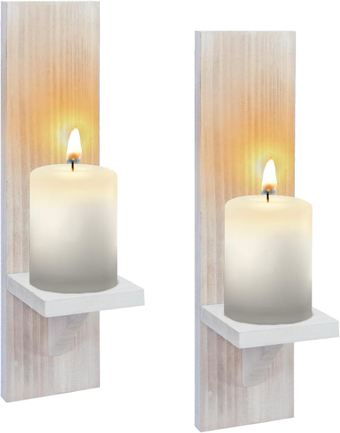 Wall Candle Sconces Set of Two, Wash White Wood Wall Candle Holder