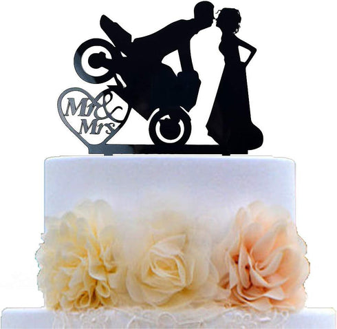 Motorcycle Funny Wedding Cake Topper - Mr & Mrs, Bride Groom with Motorbike (Black Acrylic)