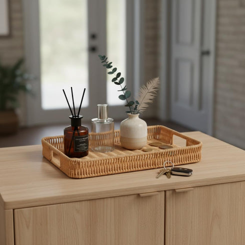 3pcs Rectangular Serving Tray with Handles, Decorative Wicker Organizer Baskets Storage Tray for Coffee Table, Bread