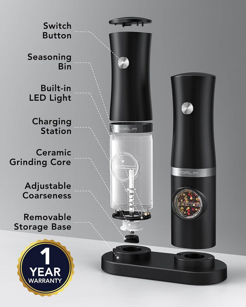 Set 2 FORLIM Rechargeable Electric Salt and Pepper Grinder with Charging Base, Automatic Pepper Mill, Adjustable