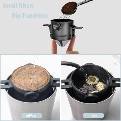 Pour Over Coffee Dripper, Reusable Stainless Steel Filters, Mini Collapsible Single Serve Coffee Maker for Home,
