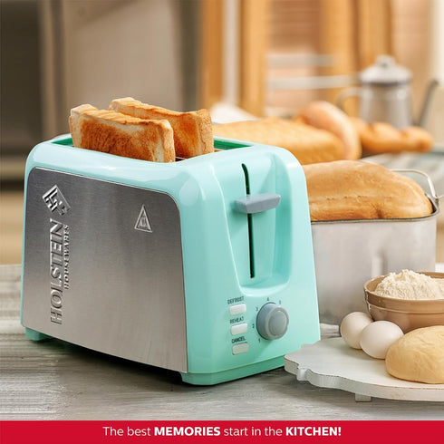 Holstein Housewares 2-Slice Toaster, Mint/Stainless Steel with 7 Browning Control Settings, Great for Toasting