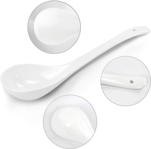 Kslong Pure White Ceramic Soup Ladle - Big Bone China Deep Porcelain Flatware, 9.4" x 3" Asian Soup Tureen Spoon