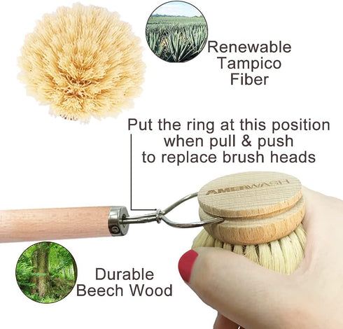3 Pack AMERWASH PLUS Dish Brush with Wooden Handle, Natural Kitchen Brush for Dishes Vegetable, Pots and Pans, Tampico