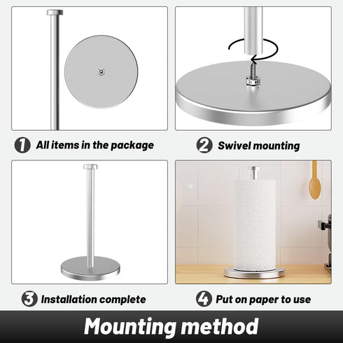 VEHHE Stainless Steel Paper Towel Holder Countertop, Standing Roll Holder with Weighted Base and Suction Cups (Silver)