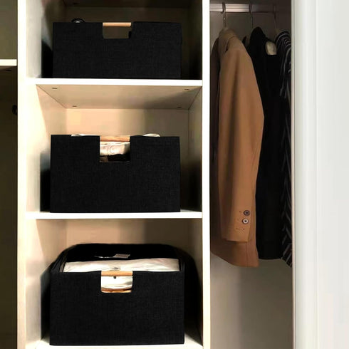 Fabric Storage Basket for Shelves, Collapsible Bins with Wood Handles, Rectangle Closet Organiser for Clothes