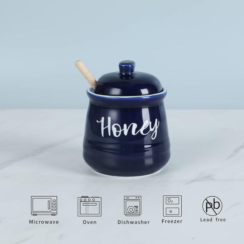 Set 12oz,Easy HAOTOP Farmhouse Porcelain Honey Jar with Dipper and Lid to Clean (Navy)