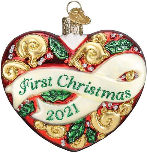 Old World Christmas 2021 First Christmas Heart Glass Blown Ornaments for Christmas Tree