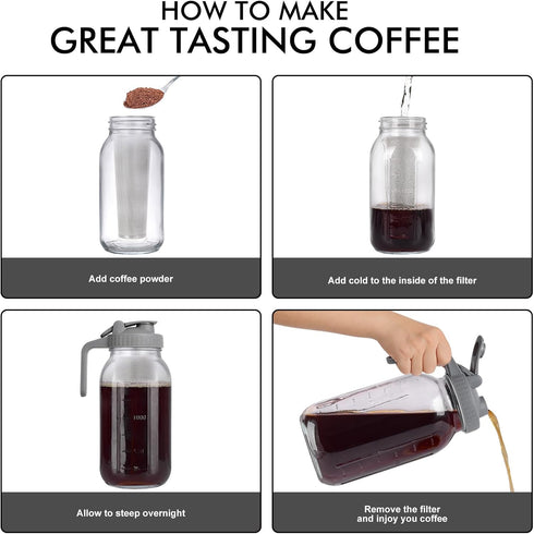 Cold Brew Mason Jar Iced Coffee Maker, Durable Glass, 64 oz with Handle & Stainless Steel Filter for Iced Drinks